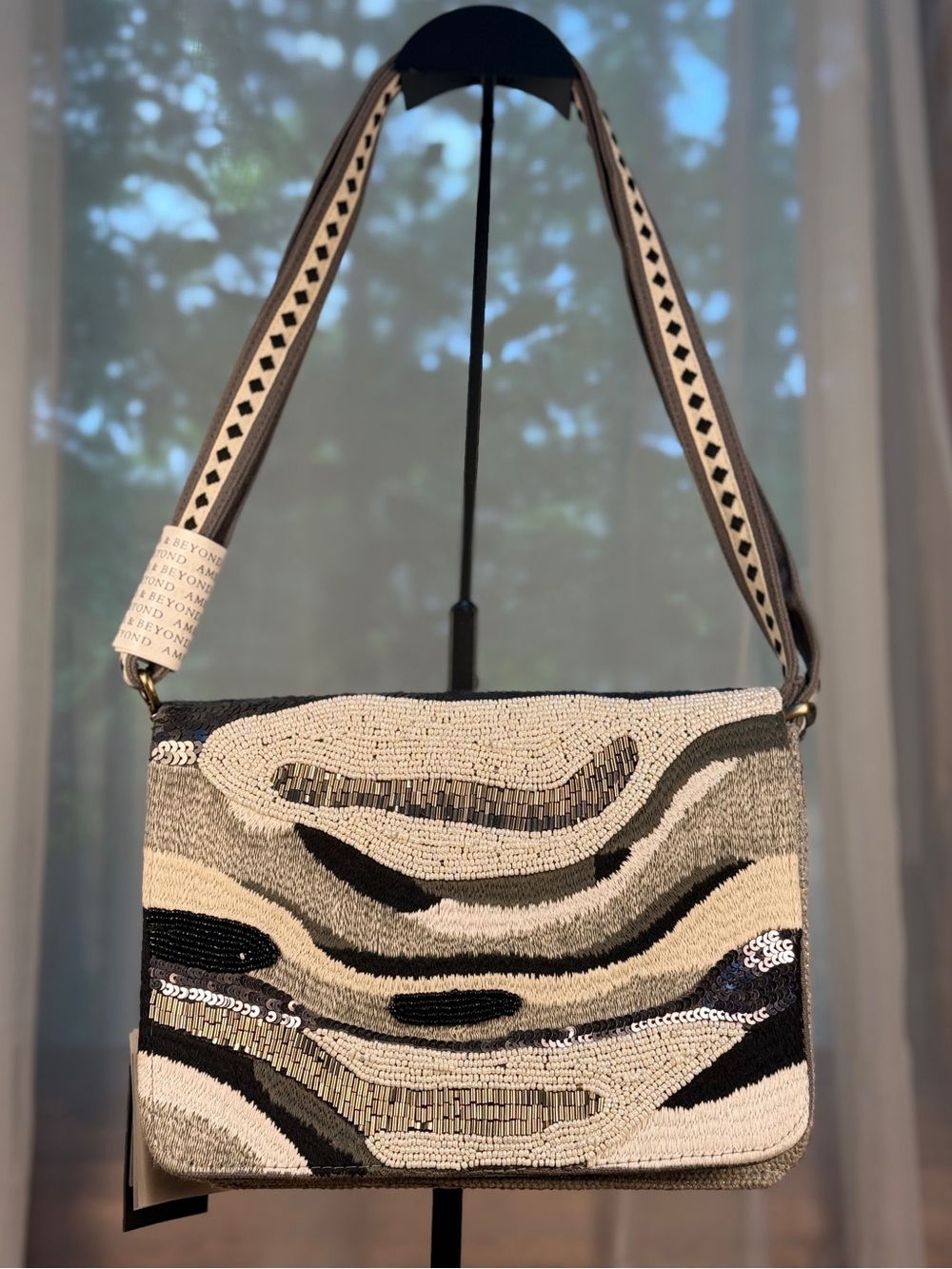 NEW Beaded Wave Crossbody Bag - Black, White, Gray & Silver Tones